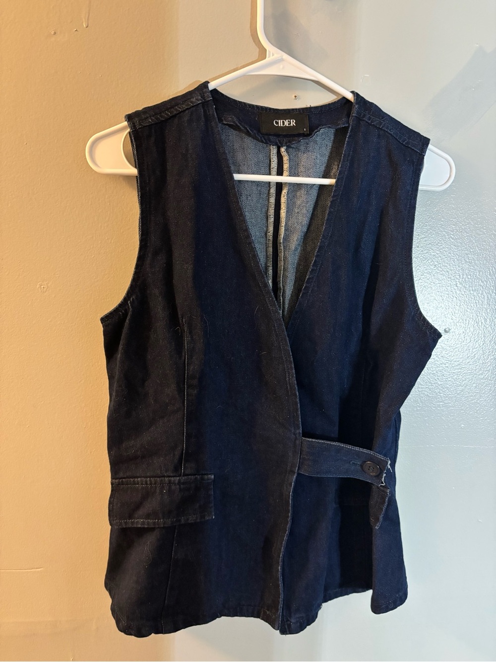 Denim jacket front neckline with label